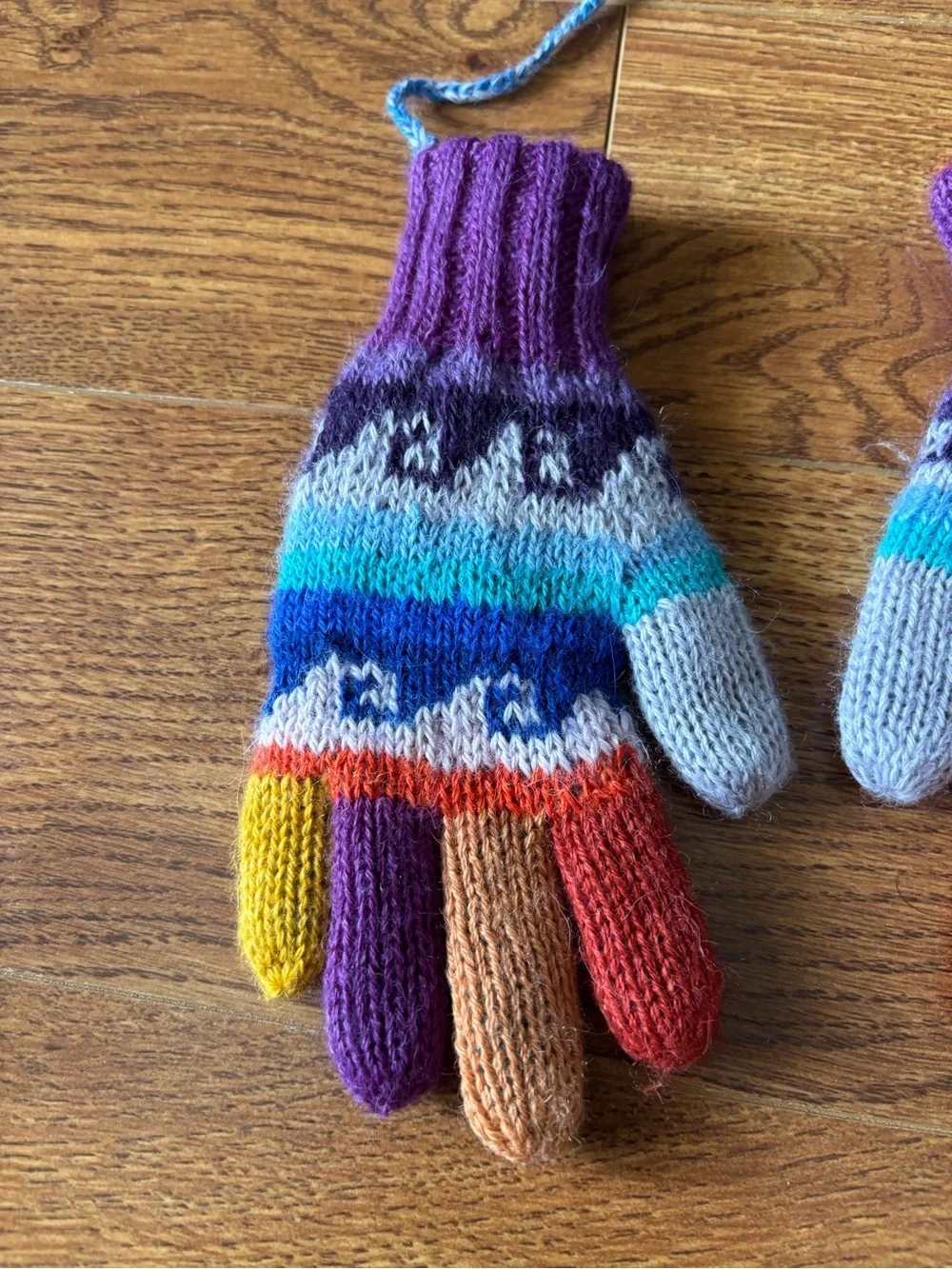 Alpaca wool Colorful Striped Knit Kids Mittens with Connecting Cord